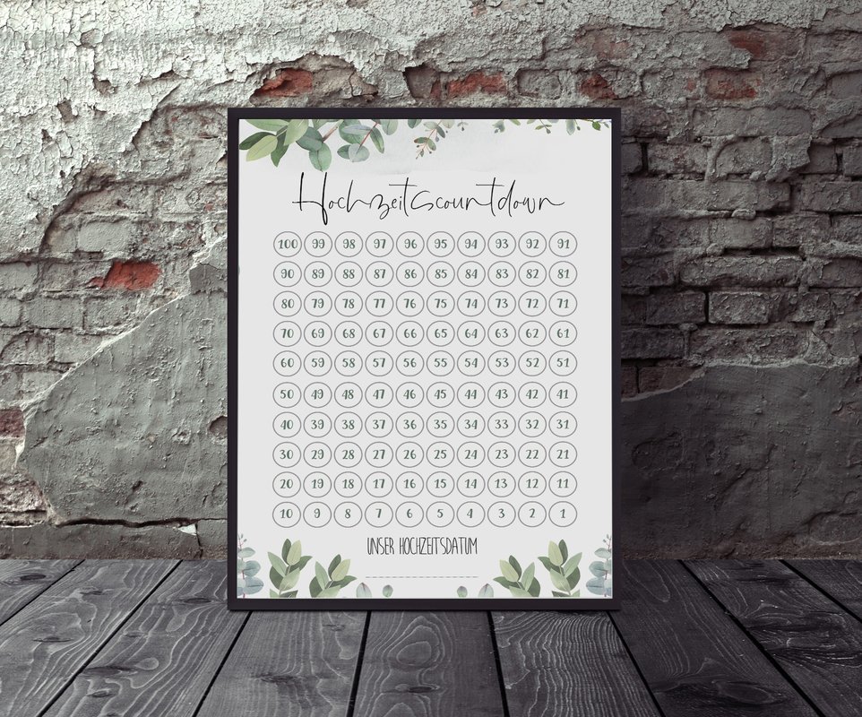 Hochzeitscountdown Eucalyptus DIN A4 DIN A3 Countdown Hochzeit