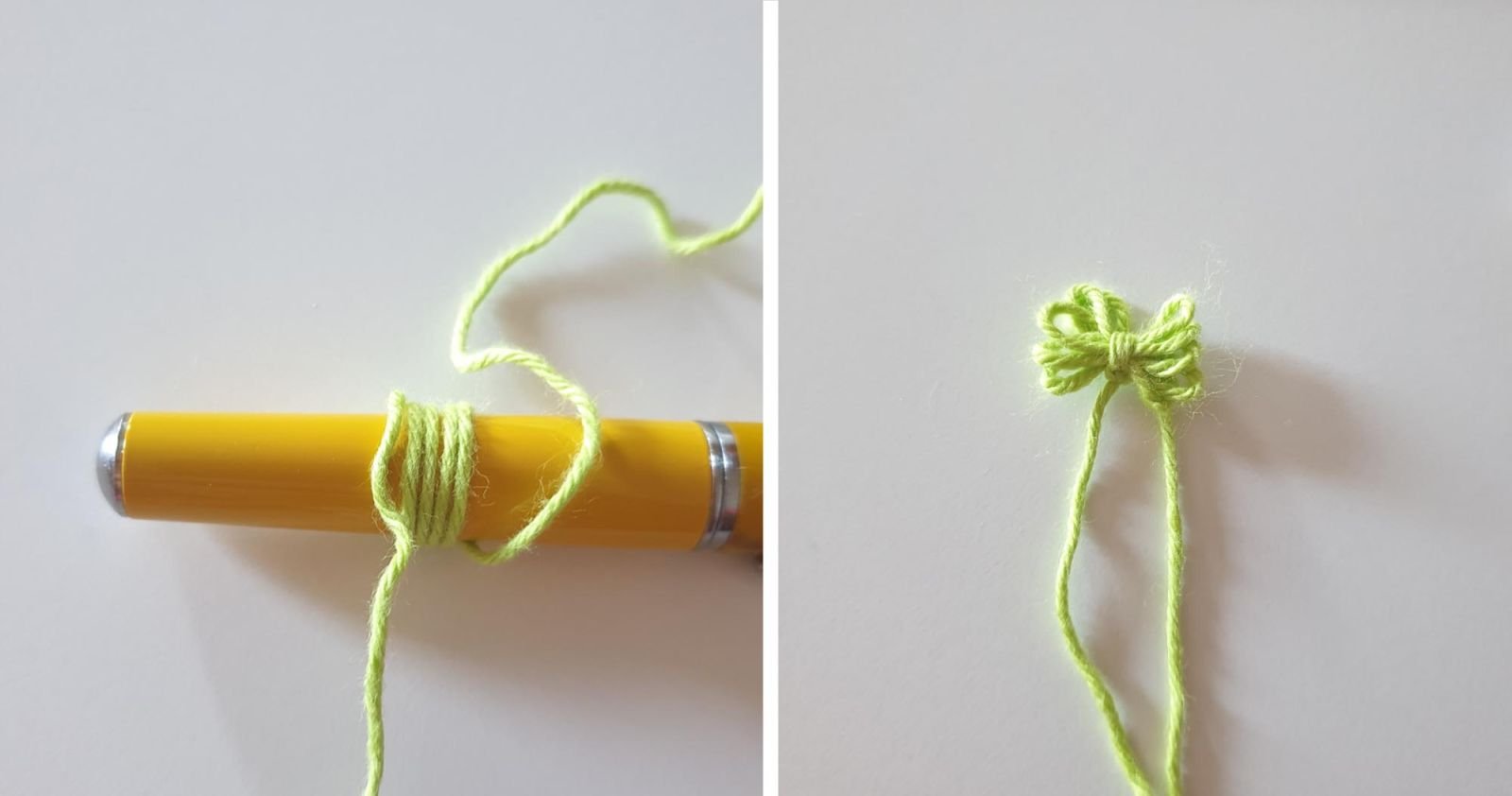 Auf der linken Bildhälfte wurde der Faden mehrfach um einen Stift gewickelt. Auf der rechten Bildhälfte ist das kleine Schleifchen fertig zu sehen.