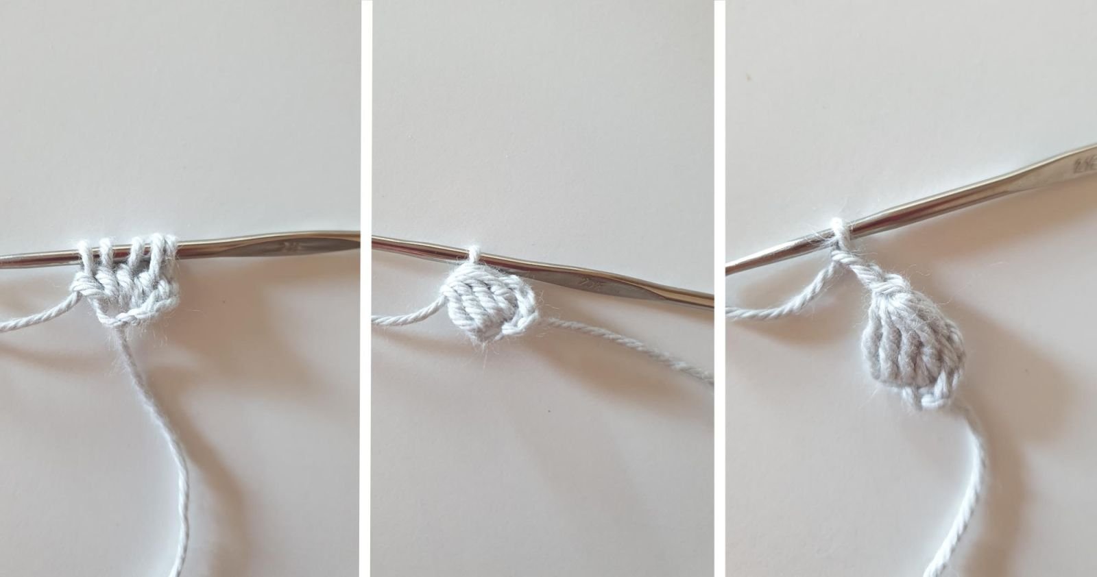 Der Abschluss der Häkelarbeiten des Schwänzchens und das Durchziehen des Anfangsfadens.