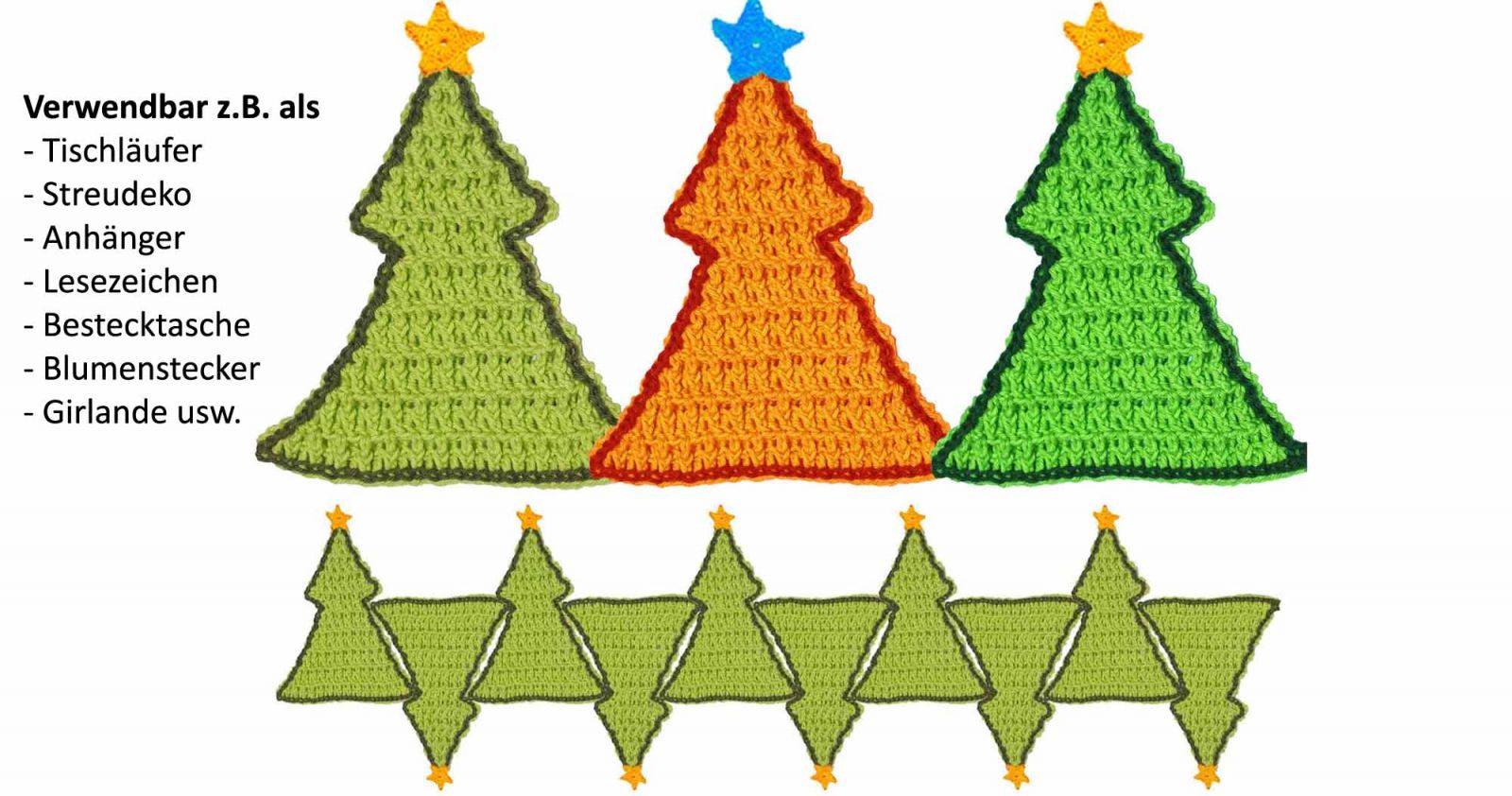 3 verschiedenfarbige Tannenbäume mit Stern und Beschreibung für die Verwendung