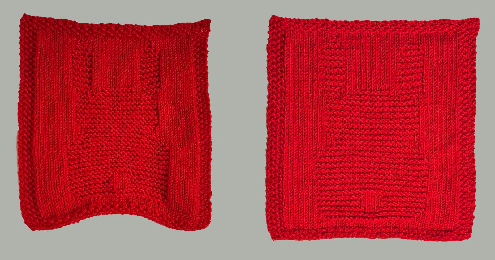 fertiges Strickstück links unbearbeitet und rechts in Form gebracht durch Dämpfen