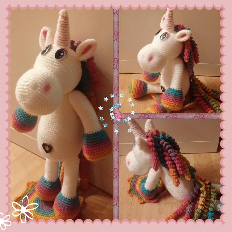 2 in 1: Trophäe oder großes Kuscheltier, Regenbogen Einhorn, Häkelanleitung als PDF