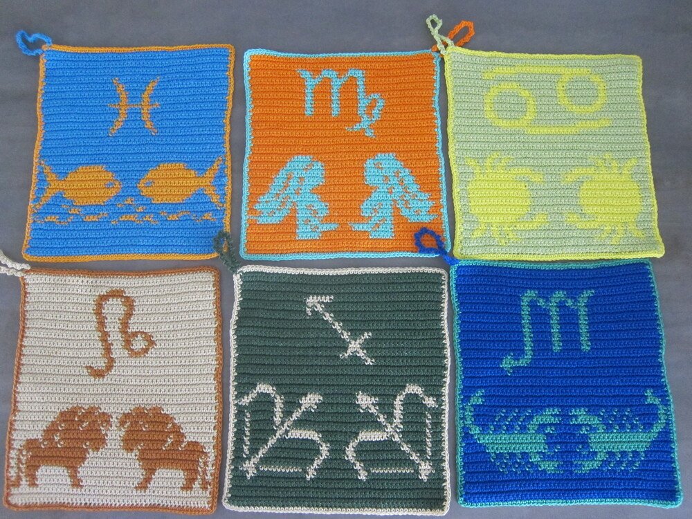 SET all 12 zodiac signs as cloth / potholders - crochet pattern