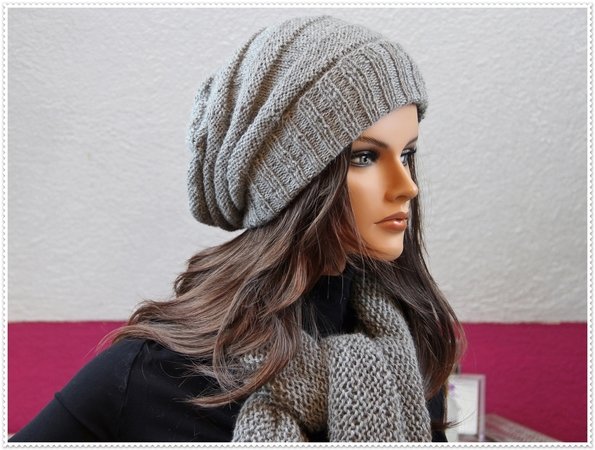 Wool Hat Scarf Set Gray Scarf Knit Loop Scarf for Women Hat Winter Gray Cowl Scarf Gray Hat Beanie Wool Knitted Set Beanie Hat Handmade