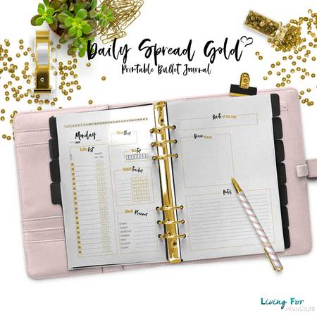 Bullet Journal Daily Spread Gold For Your Printable Pdf Planner