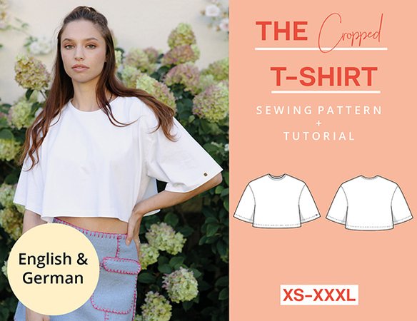 Sewing pattern cropped jersey T-shirt women, sizes XS-XXXL easy