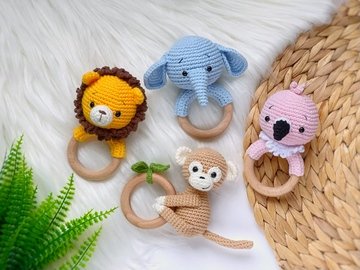 SET of 4 crochet patterns rattles: flamingo, lion, elephant, monkey (PDF)