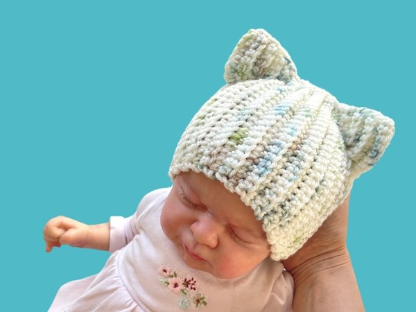 Crochet hat pattern, baby cat ear beanie, 4 sizes easy pattern for