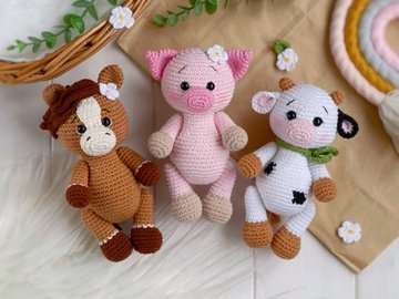 SET of 3 crochet patterns "Farm animals": cow, pig, horse