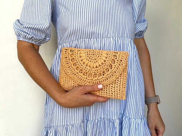Crochet Raffia Clutch in Tan Straw Summer Bag Raffia Clutch 