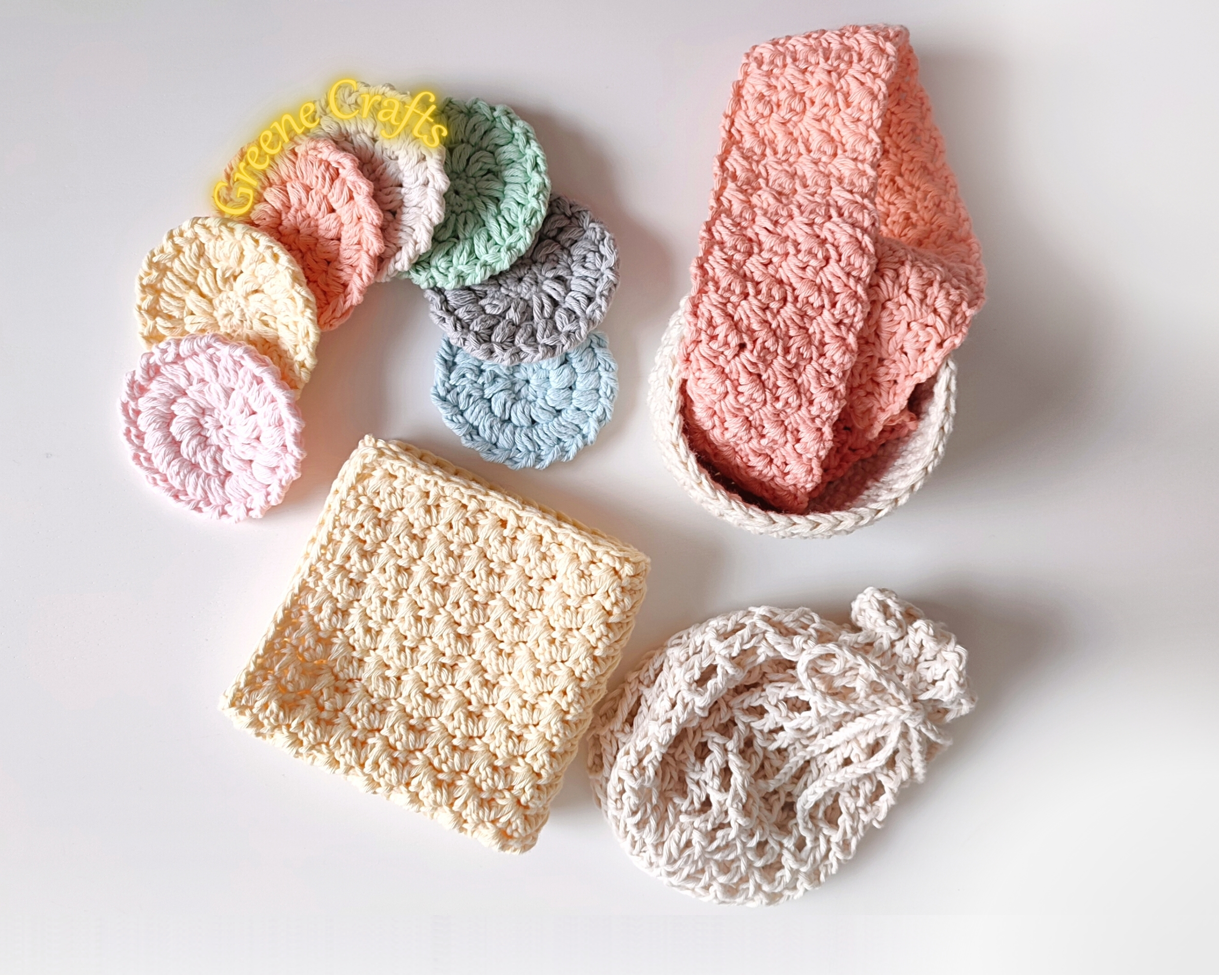 Face Scrubbies, Basket, Mesh Bag & Washcloth Set - Spa Set Crochet