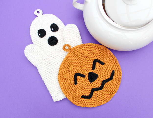 Ghost Oven Mitt Pumpkin Potholder Crochet Pattern Halloween Decor Kitchen